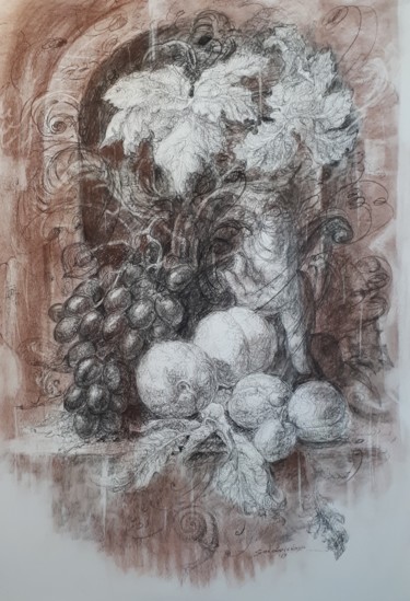 Drawing titled ""Натюрморт с виногр…" by Svetlana Sokolovskaia, Original Artwork, Gel pen