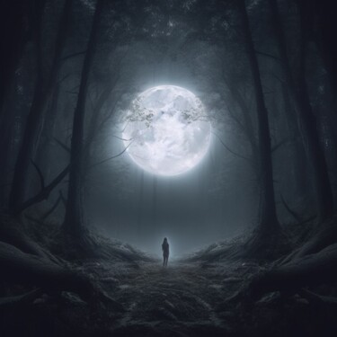 Digitale Kunst getiteld "Alone with the moon" door Swannai, Origineel Kunstwerk, AI gegenereerde afbeelding