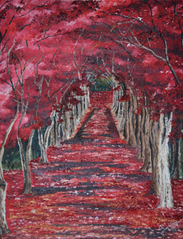 Painting titled "Red October" by Swendrini Gunasekara, Original Artwork, Oil Mounted on Other rigid panel