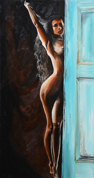 Painting titled "Behind Closed Doors" by Swendrini Gunasekara, Original Artwork, Oil Mounted on Wood Stretcher frame