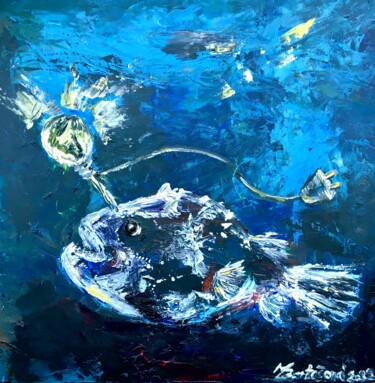 Painting titled "fish with light (Ry…" by Michaela Bartošová, Original Artwork, Acrylic Mounted on Wood Stretcher frame