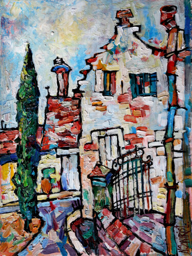 Painting titled "House and gate in T…" by Nicifor Swiristuhin, Original Artwork, Oil Mounted on Wood Stretcher frame