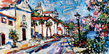 Oleanders of the Bay of Kotor. Прчањ. Painting titled "Oleanders of the Ba…" by Nicifor Swiristuhin, Original Art, Oil Mounted on Stretcher frame