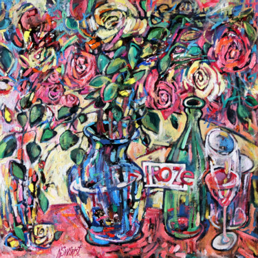 Painting titled "Bottle of "Rosé"." by Nicifor Swiristuhin, Original Artwork, Oil Mounted on Wood Stretcher frame