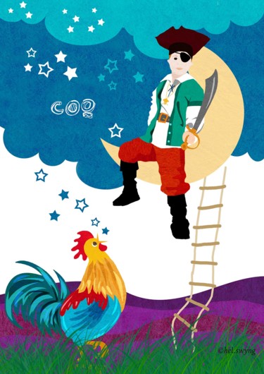 Signe chinois du Coq Arts numériques intitulée "Signe chinois du Coq" par Hel Swynghedauw (Hel), Œuvre d'art originale, Peinture numérique