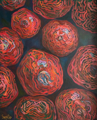 Peinture intitulée "Abstract grenades.…" par Anastasia Sycheva, Œuvre d'art originale, Huile Monté sur Châssis en bois