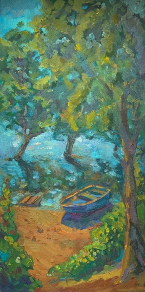 Картина под названием "Boat ashore Oil pai…" - Anastasia Sycheva, Подлинное произведение искусства, Масло