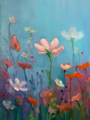 Painting titled "Tenderness flowers…" by Anastasia Sycheva, Original Artwork, Oil Mounted on Wood Stretcher frame
