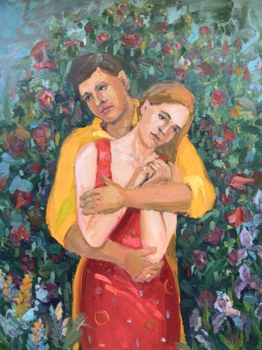 Malerei mit dem Titel "Lovers in the garde…" von Anastasia Sycheva, Original-Kunstwerk, Öl