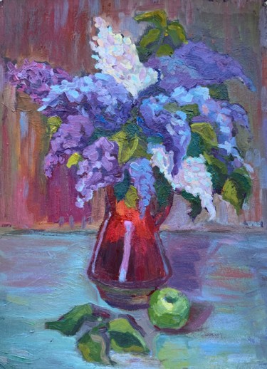 Painting titled "Lilac with apple" by Anastasia Sycheva, Original Artwork, Oil