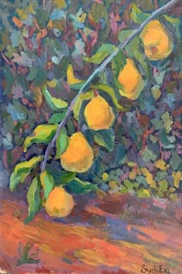 Painting titled "pears on branches" by Anastasia Sycheva, Original Artwork, Oil