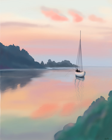Digital Arts titled "landscape with boat…" by Anastasia Sycheva, Original Artwork, Digital Painting