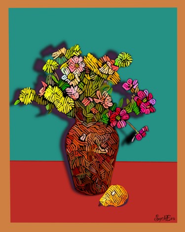Digital Arts titled "Vase with Flowers" by Anastasia Sycheva, Original Artwork, Digital Painting