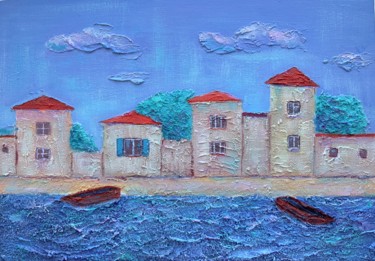 Schilderij getiteld "Houses by the sea w…" door Anastasia Sycheva, Origineel Kunstwerk, Acryl Gemonteerd op Karton
