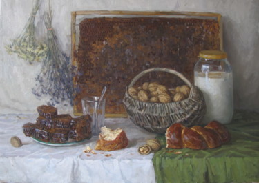 Malerei mit dem Titel "Натюрморт с булочкой" von Vasilii Sychev, Original-Kunstwerk, Öl