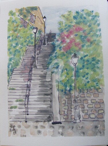 Painting titled "2014-87-escalier-ch…" by Sye, Original Artwork, Watercolor