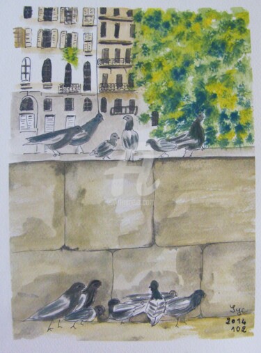 Painting titled "2014-102-les-pigeon…" by Sye, Original Artwork, Watercolor