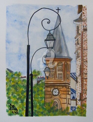 Painting titled "2014-110-le-clocher…" by Sye, Original Artwork, Watercolor