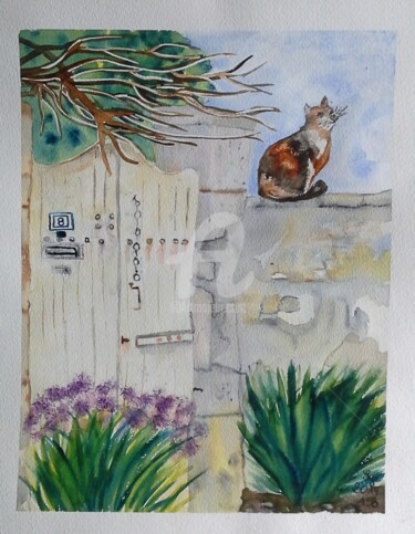 Painting titled "2014-158-un-chat-su…" by Sye, Original Artwork, Watercolor