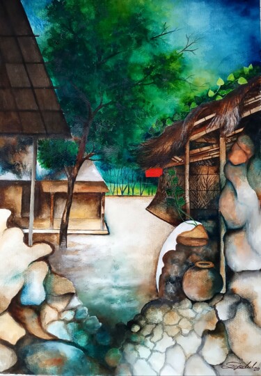 Malerei mit dem Titel "My village house" von Syedul Islam, Original-Kunstwerk, Aquarell