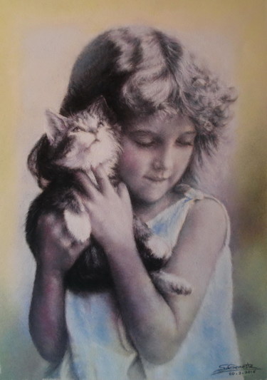 Peinture intitulée "Fillette et chaton" par Sylvie Geneste, Œuvre d'art originale, Pastel
