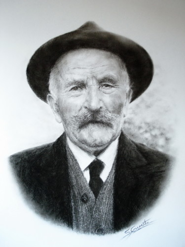 Drawing titled "L'arrière grand-père" by Sylvie Geneste, Original Artwork, Charcoal