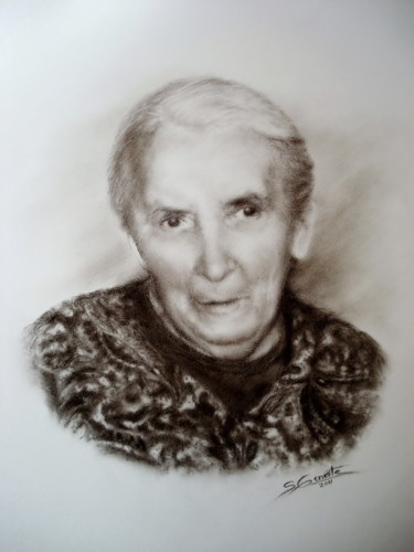 Drawing titled "Grand-mère" by Sylvie Geneste, Original Artwork, Charcoal