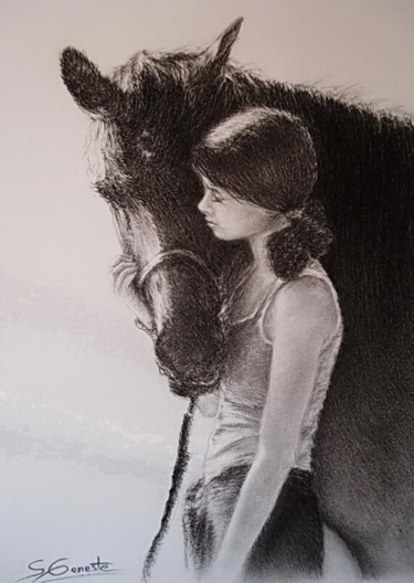 Drawing titled "Confidences" by Sylvie Geneste, Original Artwork, Charcoal