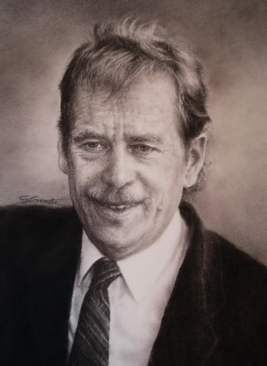 Dessin intitulée "Vaclav Havel" par Sylvie Geneste, Œuvre d'art originale, Fusain