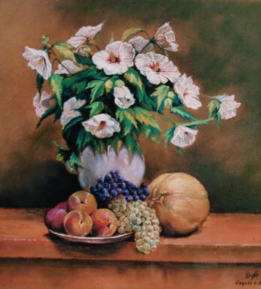 Painting titled "Fleurs et fruits" by Sylvie Geneste, Original Artwork, Pastel