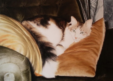 Malarstwo zatytułowany „La sieste de Filou” autorstwa Sylvie Geneste, Oryginalna praca, Pastel