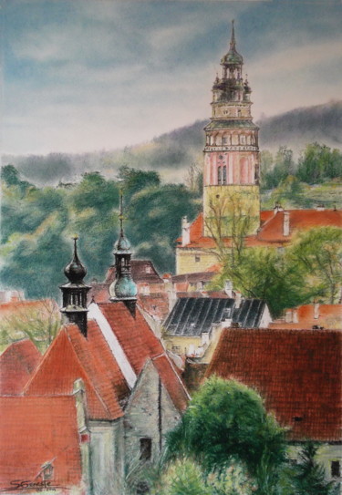 Painting titled "Vue de Cesky Krumlo…" by Sylvie Geneste, Original Artwork, Pastel