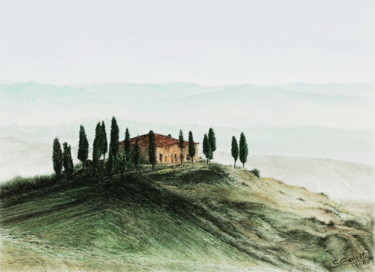 「Collines toscanes」というタイトルの絵画 Sylvie Genesteによって, オリジナルのアートワーク, パステル