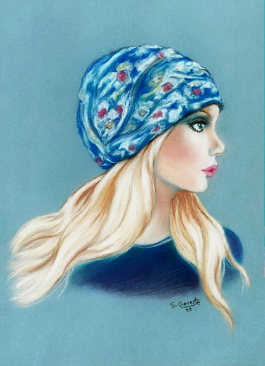 Malerei mit dem Titel "Le foulard bleu" von Sylvie Geneste, Original-Kunstwerk, Pastell