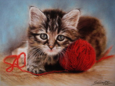 Painting titled "Chaton tigré" by Sylvie Geneste, Original Artwork, Pastel