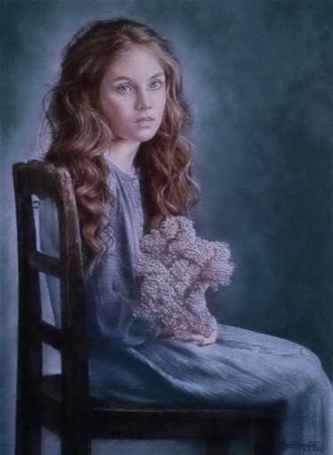 Peinture intitulée "Jeune fille au bouq…" par Sylvie Geneste, Œuvre d'art originale, Pastel