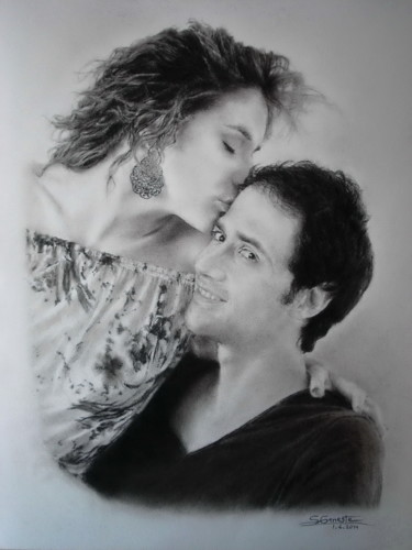 Drawing titled "Portrait jeunes mar…" by Sylvie Geneste, Original Artwork, Charcoal