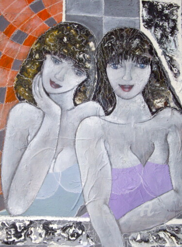 Malerei mit dem Titel "Deux amies au balcon" von Sylvie Oliveri, Original-Kunstwerk, Acryl