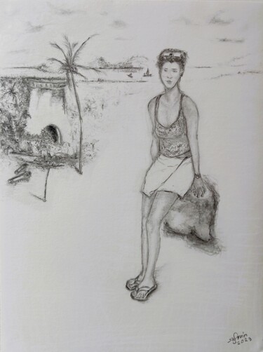 Drawing titled "Femme au Rocher à M…" by Sylvain Zabeth, Original Artwork, Pencil