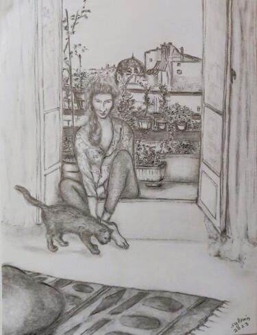 Zeichnungen mit dem Titel "femme assise et chat" von Sylvain Zabeth, Original-Kunstwerk, Bleistift