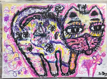 Peinture intitulée "chat coloré mignon" par Sylvain Dez, Œuvre d'art originale, Acrylique
