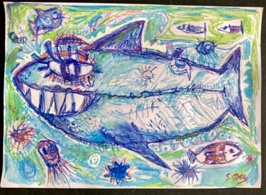 Schilderij getiteld "Dez peinture Requin…" door Sylvain Dez, Origineel Kunstwerk, Aquarel