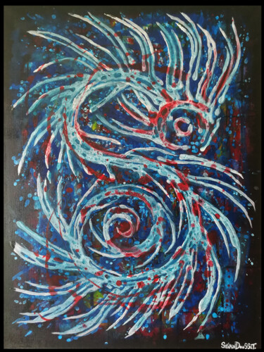 Peinture intitulée "Spirale-Dragon / Ti…" par Sylvain Dousset, Œuvre d'art originale, Acrylique Monté sur Châssis en bois