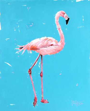 Ζωγραφική με τίτλο "Flamand-rose-au-col…" από Sylvain Lang, Αυθεντικά έργα τέχνης, Ακρυλικό Τοποθετήθηκε στο Ξύλινο φορείο σ…