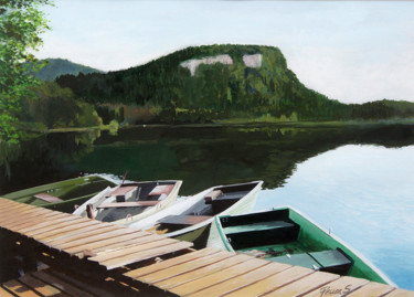 Peinture intitulée "Barques à Bonlieu" par Sylvain Perron, Œuvre d'art originale, Huile