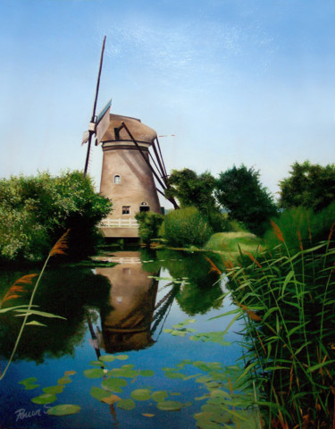 Painting titled "Moulin à Kinderdijk" by Sylvain Perron, Original Artwork, Oil