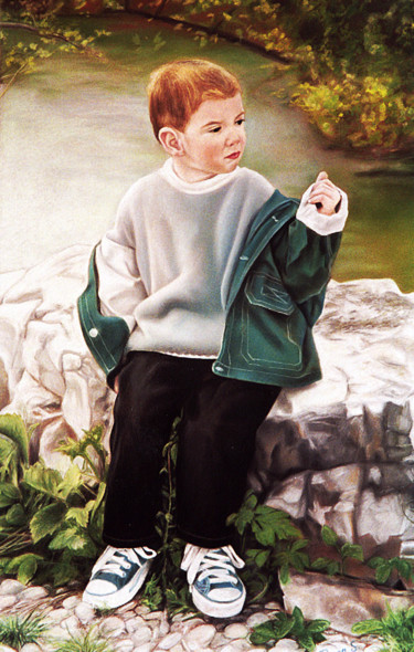 Drawing titled "Enfant et rivière" by Sylvain Perron, Original Artwork, Pastel