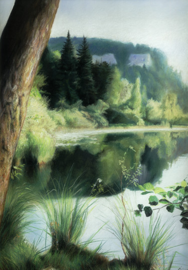 Dessin intitulée "Le lac de Bonlieu" par Sylvain Perron, Œuvre d'art originale, Pastel