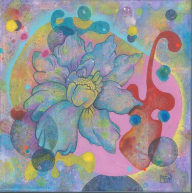 Painting titled "Première fleur" by Sylvain Raymond, Original Artwork, Acrylic Mounted on Wood Stretcher frame