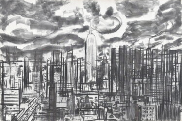 Painting titled "Echafaudage New York" by Sylvain Thieurmel, Original Artwork, Charcoal Mounted on Wood Stretcher frame